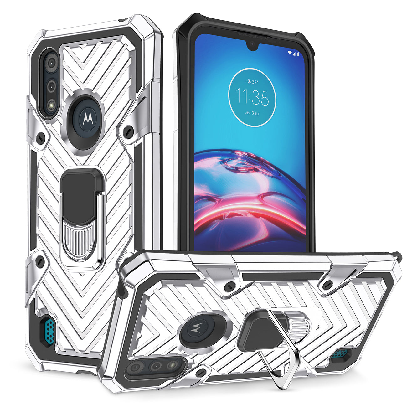 Reiko Kickstand Anti-Shock And Anti Falling Case for Moto E6S In Silver